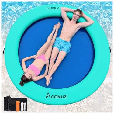 Imagem de ACOMUZI Rede de água inflável de 2,5 m, doca flutuante redonda para adultos, boia flutuante de piscina resistente para oceano e lago, verde-menta azul