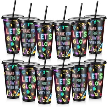 Imagem de Chuangdi 12 peças de copos de plástico neon de 680 g com tampas e copos reutilizáveis de canudo presentes para lembrancinhas de festa brilhantes decorações eventos noturnos suprimentos de aniversário