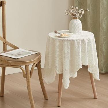 Imagem de Wuluwala Toalha de mesa de café em relevo de renda bege pequena redonda de poliéster floral para decoração de sala de estar festa de casamento 89 cm x 89 cm