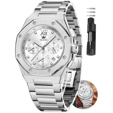 Imagem de OLEVS Relógio de pulso masculino de aço inoxidável, à prova d'água, luxuoso, com data, casual, azul/preto/dourado/prata Reloj para Hombre, Mostrador prateado, Round, Relógio masculino casual de