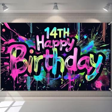 Imagem de HOMETITUTE Faixa de aniversário de 14 anos que brilha no escuro 178 x 109 cm pano de fundo colorido para adolescentes meninos meninas decoração de parede neon decoração de parede celebração cabine de