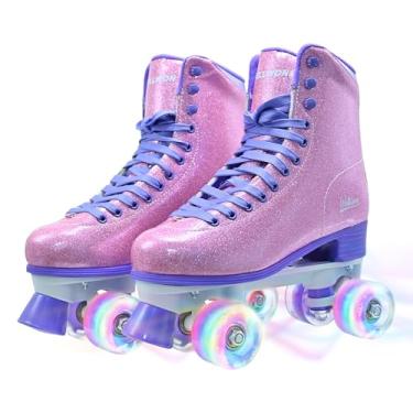 Imagem de Patins de patins para mulheres, patins quádruplos de couro PU de cano alto para iniciantes, rosa brilhante, duas fileiras para meninas de 8 a 54 anos, ao ar livre e interno