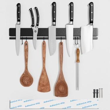 Imagem de HomeSimplex Suporte magnético de faca de 43 cm para parede sem furadeira - Tira magnética adesiva forte com 12 ganchos - Barra magnética dupla - Suporte magnético para facas - Preto