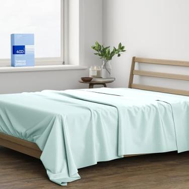 Imagem de THREAD SPREAD Lençol de cima 100% algodão tamanho casal – lençol de cima completo de 400 fios (1 peça, espuma do mar), macio e sedoso, respirável, resfriado, tecido de cetim, lençóis de cima de