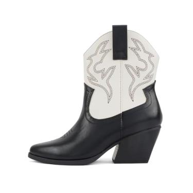 Imagem de Soda "BLAZING" ~ Bota feminina de cano alto e cano baixo com costura ocidental bico fino, Preto/Branco PU, 8.5