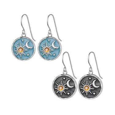 Imagem de Dreuyet Brincos femininos vintage boho com pingente de sol e lua, feitos à mão, exclusivos, leves, antigos, ouro, prata, moeda redonda, mitologia grega, joias, presentes, Middle, Metal, Sem pedra