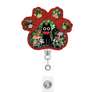 Imagem de Carretel de crachá engraçado gato preto borboleta flor impressão pata para enfermagem CNA RN assistente médico enfermeira e professor, suporte de crachá bonito clipe retrátil etiqueta de nome de