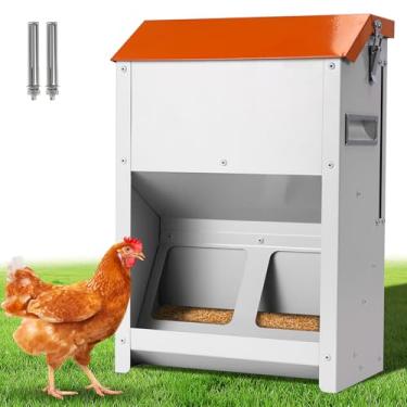 Imagem de Alimentador automático de frango de 9 kg, grande, sem desperdício, para uso ao ar livre, alimentador de metal para aves, dispensador de calha com tampa e janela visual para frango, aves, peru, pato