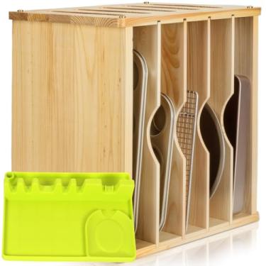 Imagem de Divisórias de bandeja de armário de madeira de 6 camadas para assadeiras, frigideiras e tábuas de corte - 40 cm L x 30 cm P x 36 cm A - Organizador vertical de folhas de biscoito, descanso de colher