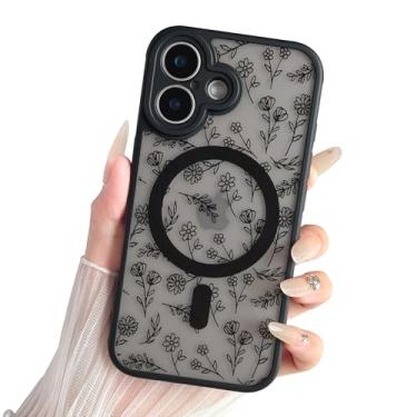 Imagem de Yeddabox Capa compatível com 17 com MagSafe, flor preta floral 17 capa para mulheres para meninas, capa fina à prova de choque macia TPU bumper rígida PC capa de telefone traseira - preto floral