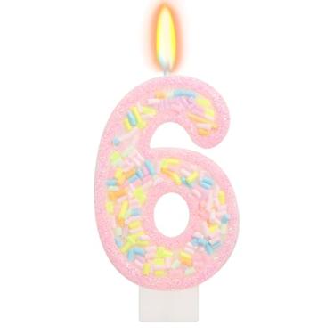 Imagem de ElekFX Número 6 Vela de aniversário com granulados, topo de bolo arco-íris de unicórnio rosa pastel, decorações de festa Sweet Candyland para meninas e meninos 6 anos