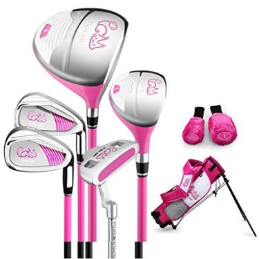 Imagem de PGM Conjunto completo de taco de golfe júnior para crianças, 6-8 faixas etárias, 5 tacos de golfe com bolsa de suporte e 2 capas de cabeça para meninos e meninas, mão direita, rosa