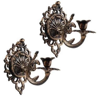 Imagem de Bolifish Conjunto de 2 castiçais de parede vintage de ouro antigo, castiçais de ferro fundido, decoração de parede de arandela cônica para sala de estar, lareira e canal de quintal
