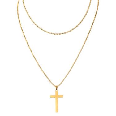 Imagem de Colar de Cruz Dupla Feminina, Colar com Pingente de Cruz Ouro e Aço Inoxidável Joias Religiosas Cristãs Presentes Adequados para Mulheres