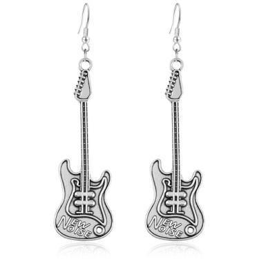 Imagem de JNONL Brincos pendentes de guitarra prateados retrô exclusivos feitos à mão, chique, música legal, teclado eletrônico, gancho para baixo, brincos femininos, Medium, Metal, Sem pedra preciosa