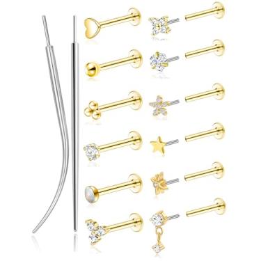 Imagem de Akeoqi Brincos de pressão de aço inoxidável 20G com costas planas brincos de nariz sem rosca CZ tragus cartilagem hélice concha lábio labret piercing de narina joias para mulheres homens dourado tom