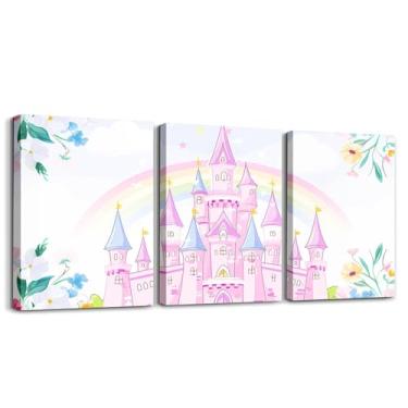 Imagem de Feelyou Castelo infantil arte de parede em tela para sala de estar quarto princesa imagem decoração de parede para banheiro bonito arco-íris meninos meninas arte pôsteres rosa pintura floral 30,5 x