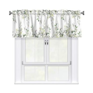 Imagem de Giwawa Cortina verde de eucalipto, saia com folhas de sálvia, bolso para varão, blackout para janela curta, tratamentos para decoração de cozinha, sala de jantar, 132 cm L x 45 cm C