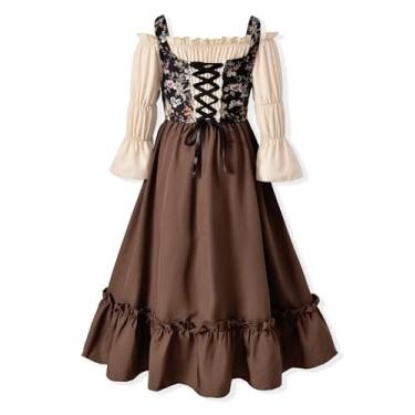 Imagem de fioukiay Vestido renascentista para meninas, ombro de fora, manga bufante, vestido medieval de 4 a 12 anos, Bege e marrom, 10-11 Anos