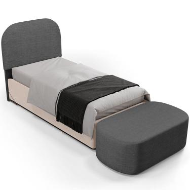 Imagem de Cabeceira Cama Box 100cm Lanna com Puff Recamier Doha W01 Linho Cinza Escuro - Lyam Decor