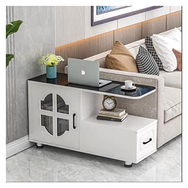 Imagem de Mesa de centro de design simples, mesa lateral, sala de estar, mesa de canto estreita com gaveta e prateleira, mesa de canto de sofá de 2 camadas para espaço pequeno, armário de armazenamento para