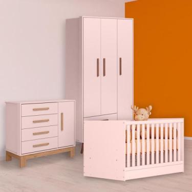 Imagem de Berço Mini Cama, Cômoda Sapateira e Guarda Roupa Retrô Rosa - Qmovi