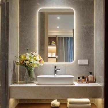 Imagem de Inbenioso Espelho retroiluminado de LED de 91 cm x 61 cm para banheiro espelho retangular sem moldura com cantos arredondados claros, à prova de estilhaçamento, regulável, espelho inteligente, luzes