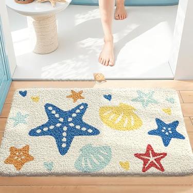 Imagem de Tapetes de banheiro de praia, tapetes de banho engraçados de lã de pelúcia costeira de estrela do mar, lavável na máquina, secagem rápida, antiderrapante, tapete de banho absorvente para decoração de