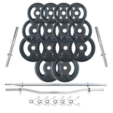 Imagem de Kit Anilhas Ferro 60kg + Barras 40cm + Barra 120cm + Barra W-Unissex