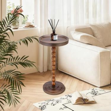 Imagem de ALSKHEAS Mesa lateral redonda pequena, mesas de bebida para espaços pequenos, mesa lateral de pedestal com perna de madeira maciça, mesa de canto moderna para sala de estar, mini mesa de centro