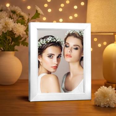 Imagem de Porta-retrato clássico de 10 x 15 cm de cor sólida para parede e mesa, suporte decorativo moderno para fotos de noivado em casa (branco)