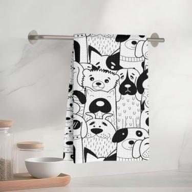 Imagem de Toalhas de cozinha com padrão sem costura de cachorro preto e branco, toalha de prato de microfibra absorvente decorativa toalha de chá, toalhas de mão de waffle para cozinha, casa, banheiro