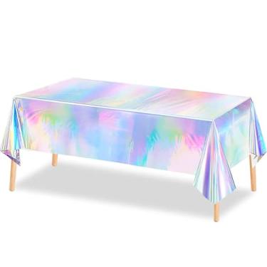 Imagem de Toalha de mesa iridescente holográfica de plástico brilhante toalha de mesa descartável de plástico toalha de mesa xadrez aniversário