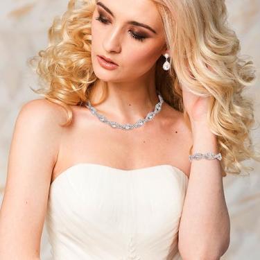 Imagem de Conjuntos de joias de casamento para noiva, dama de honra, mulheres, colar de zircônia cúbica, brincos e pulseiras, conjunto para mãe, amiga, esposa, festa, formatura, Standard, Liga de aço, Sem Pedra