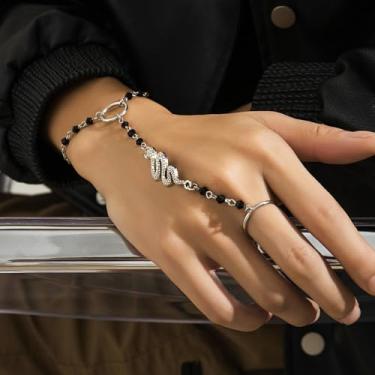 Imagem de Pulseira masculina punk gótica com corrente de mão, corrente punk, anéis de dedo joias presentes, Medium, Latão, Sem Pedra Preciosa