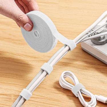Imagem de Abraçadeiras ajustáveis de 1,8 m x 1 rolo: abraçadeiras reutilizáveis de fixação de gancho e laço para organização de cabos, gerenciamento de fios e organizador de fios, branco