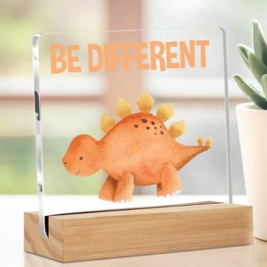 Imagem de Decoração de mesa de acrílico de dinossauro de desenho animado fofo com suporte 10 x 10 cm, placas decorativas de mesa Be Different para sala de estar em casa, cubículo, presentes fofos