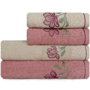 Imagem de Jogo de Toalhas 4 Peças Banho e Rosto 100% Algodão Karsten Encanto (Bege e Rosa)