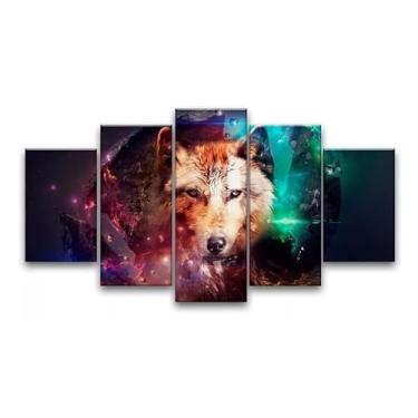 Imagem de Kit quadro decorativo 5 peças 95x60cm Lobo Luzes Moderno