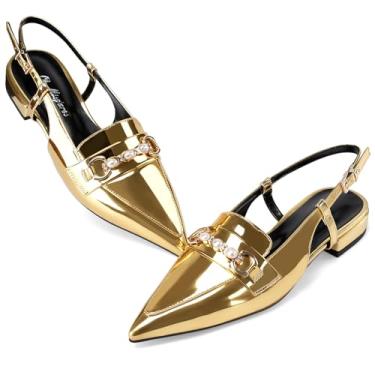 Imagem de Oh Mispares Slingback Sapatilhas femininas de bico fino, salto baixo grosso, sandálias rasteiras com tira no tornozelo, sem cadarço, para casamento, escritório, casual, Dourado, 42