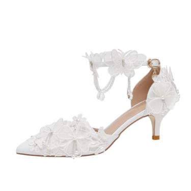 Imagem de STARSHINE RESPLENDENT Sandália feminina feminina de chiffon branco com franja de cristal e franja de cristal para casamento para noivas, sapatos de salto alto de renda com flor de pérola e bico fino