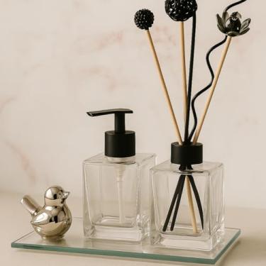 Imagem de Kit Banheiro Porta Sabonete Líquido Aromatizador De Ambiente (Kit com Refil Tranparente Luz com Preto)