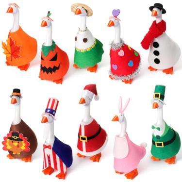 Imagem de Weysat Conjunto de 10 mini roupas de ganso de mesa de Ação de Graças, conjunto de férias, outono, Halloween, Natal, 4 de julho, estátua magnética de gansos, fantasia de tecido de feltro para decoração