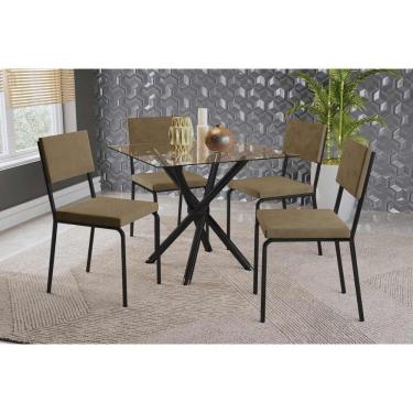 Imagem de Conjunto: Mesa Sala Jantar Volga C- Tampo De Vidro 90cm E 4 Cadeiras Zaria Preto - Suede Bege - Kappesberg
