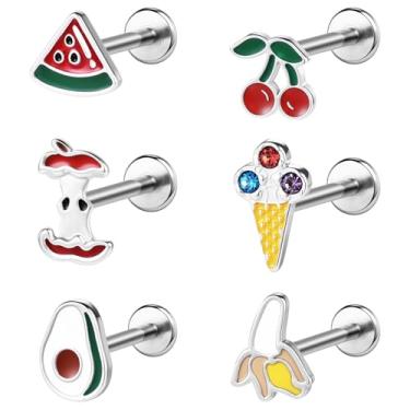 Imagem de BodyAce Piercings de 16G/18G, joias, alimentos, frutas, lábios, labret, aço cirúrgico, costas planas, brincos para nariz, concha, lábio, medusa, tragus, piercing interno, 1.0mm=18G;Bar Length:8mm, Aço