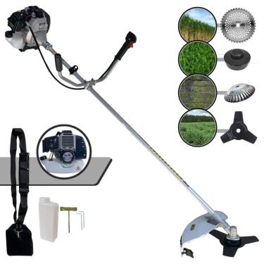 Imagem de Roçadeira Com Sistema Antivibração Toyama TBC43H À Gasolina 2T 43cc 1,7HP 12000rpm Com Carretel + Faca 3 Pontas + Faca 40 Dentes Vídea + Escova de Aço