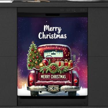 Imagem de Capa de ímã de lava-louças vermelha de caminhão de Natal, capas magnéticas para decoração de lava-louças, capa magnética para porta de geladeira, decalque de geladeira para cozinha, eletrodomésticos