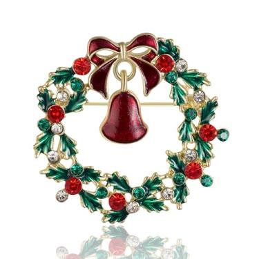Imagem de HAISWET Broche de Natal para mulheres, broche, guirlanda verde, com sino de laço vermelho, tom dourado