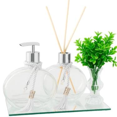 Imagem de Kit Lavabo Vidro 300ml Luxo C/Bandeja Porta Sabonete Difusor e Enfeite Decoração- Decoração Banheiro Elegante e Cristalino (Prata c/Vaso)