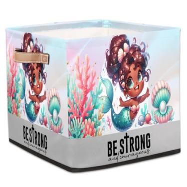 Imagem de hongjinglin Cestos dobráveis de armazenamento em cubos fofos de sereia preta dobrável brinquedo infantil com alças organizador de armazenamento de tecido cesto para berçário, sala de estar, quarto